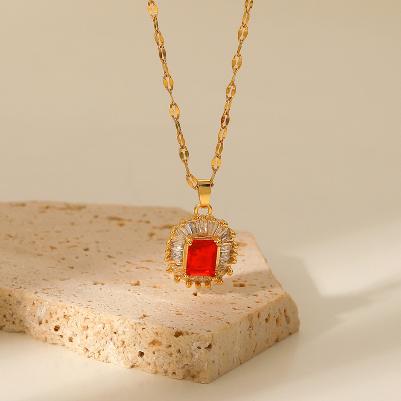 fashion doublelayer white inlaid red zircon 18K goldplated stainless steel necklace