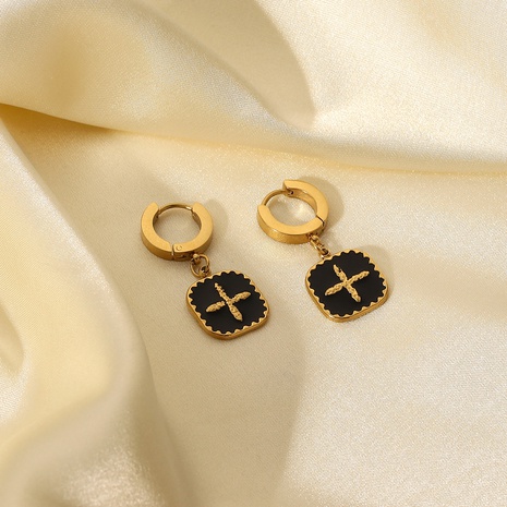 14K Gold Plated Stainless Steel Black Oil Drop Square Brand Cross Earrings's discount tags