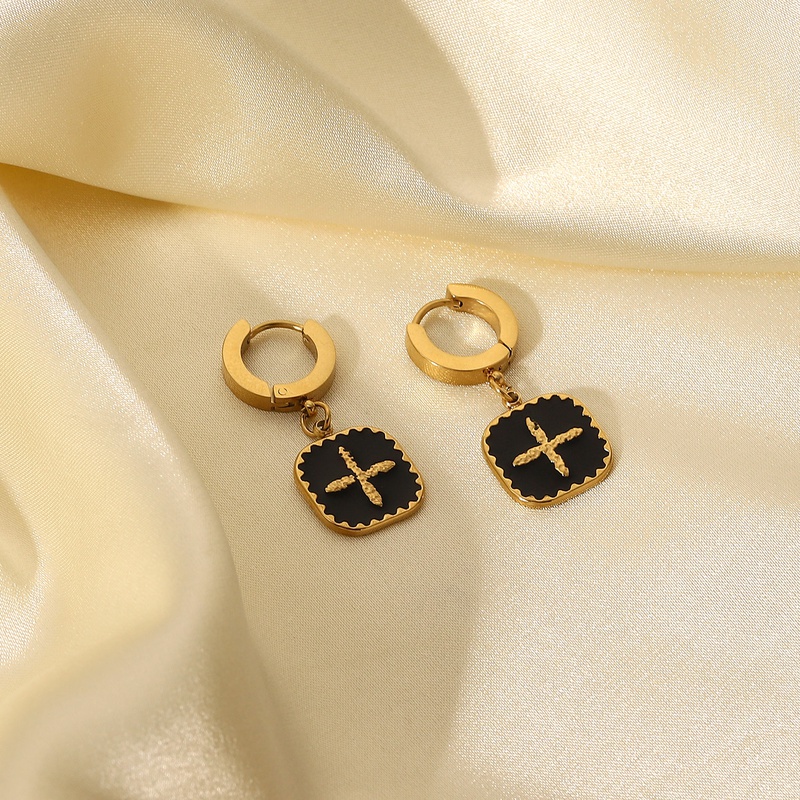 14K Gold Plated Stainless Steel Black Oil Drop Square Brand Cross Earrings