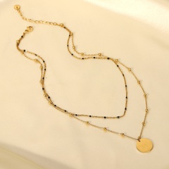 chaîne de perles de riz noir vintage disque pendentif boule chaîne double couche collier en acier inoxydable