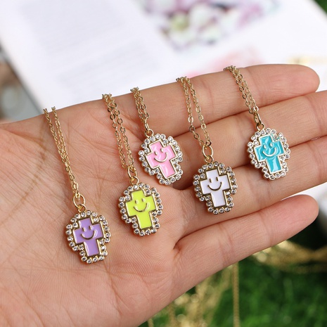 simple gold-plated micro-inlaid zircon cross smiley face expression drip oil necklace's discount tags