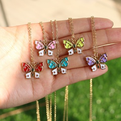 Vintage Colorful Enamel Butterfly Inlaid Zircon Women's Pendant Necklace Set