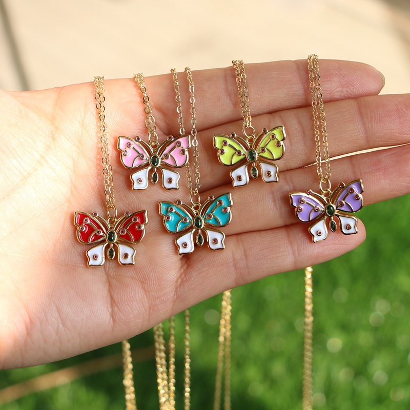 Vintage Colorful Enamel Butterfly Inlaid Zircon Womens Pendant Necklace Set