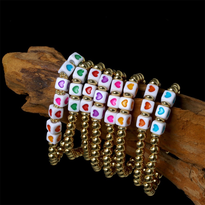 retro geometric heart shaped drip oil gold bead copper goldplated elastic bracelet