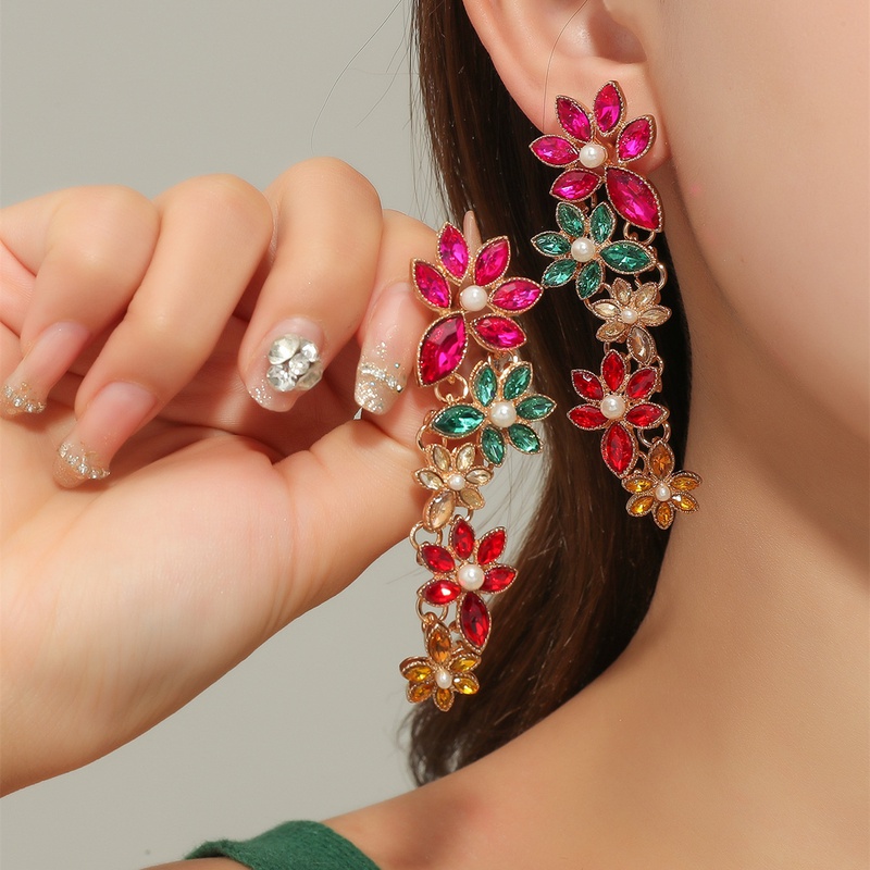 pendant retro exaggerated colorful diamond geometric color flower symmetrical alloy earrings