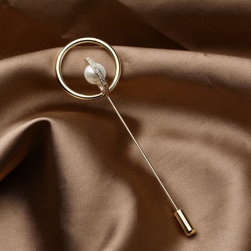 fashion simple double ring copper inlaid pearl brooch
