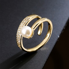fashion copper micro-set zircon plated 18K gold pearl geometric open ring