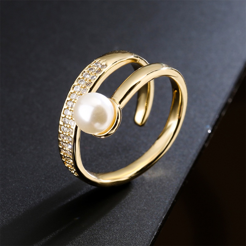 fashion copper microset zircon plated 18K gold pearl geometric open ring