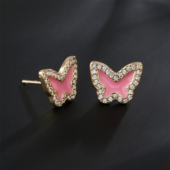 pink white blue three-color oil drop copper plated 18K gold cute butterfly stud earrings