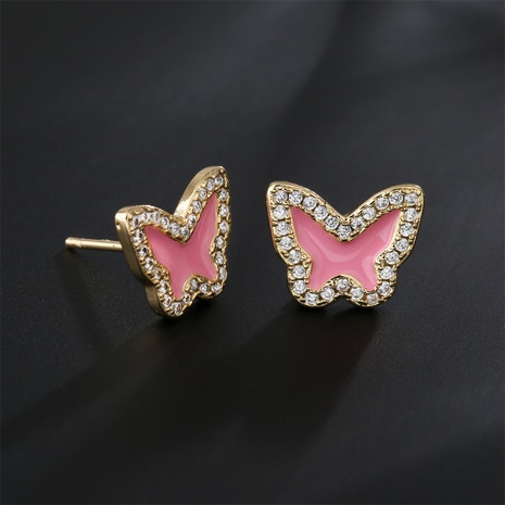 pink white blue three-color oil drop copper plated 18K gold cute butterfly stud earrings's discount tags