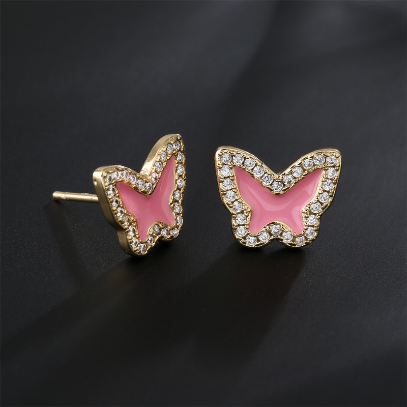 pink white blue threecolor oil drop copper plated 18K gold cute butterfly stud earrings