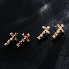 Fashion copper 18K gold three-dimensional cross zircon earrings female new stud