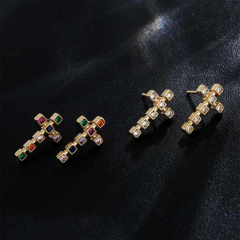 Fashion copper 18K gold threedimensional cross zircon earrings female new stud