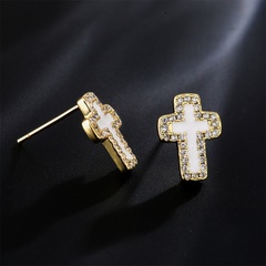 Fashion oil drop copper plated 18K gold micro-set zircon cross earrings female