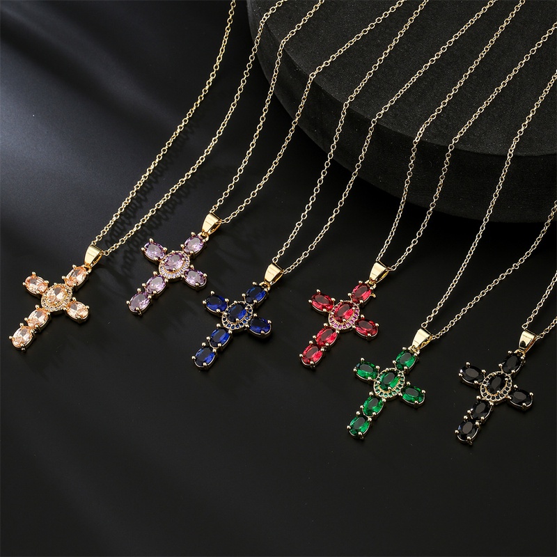simple inlaid color zirconium cross pendant copper 18K necklace wholesale