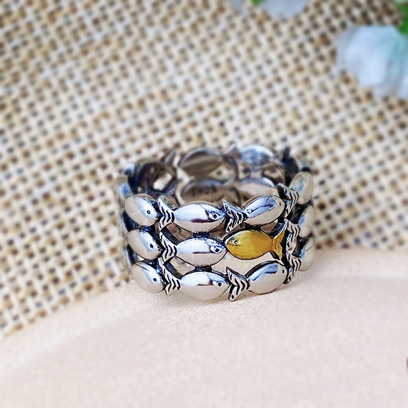 new hand jewelry creative plated twocolor small fish copper ring