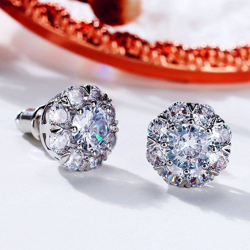 New Exquisite Full Diamond Flower Zircon Stud Earrings Copper Creative Female