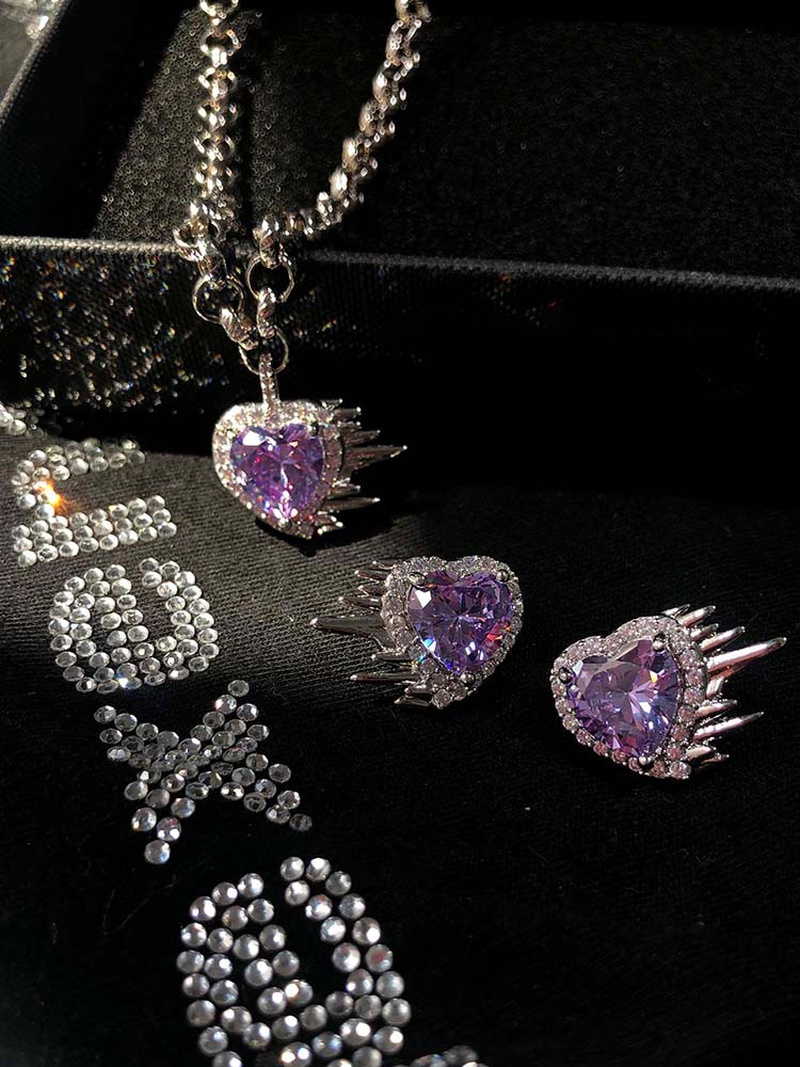 fashion creative purple gem heartshaped alloy earrings necklace