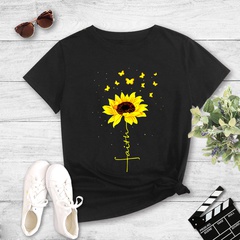 Fashion Sunflower Butterfly Print Casual Short Sleeve T-Shirt Women