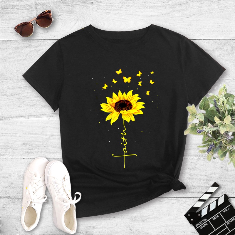 Fashion Sunflower Butterfly Print Casual Short Sleeve TShirt Women