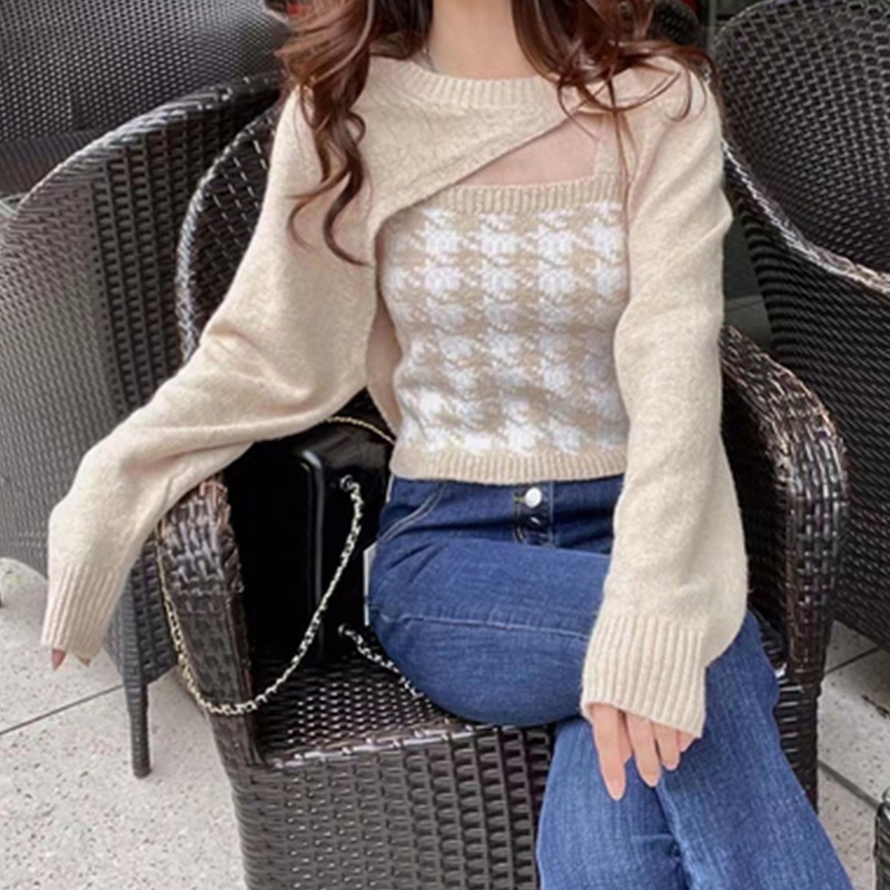 Houndstooth knitted sweater suspenders irregular longsleeved blouse top twopiece set