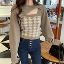Houndstooth knitted sweater suspenders irregular longsleeved blouse top twopiece setpicture8