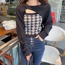 Houndstooth knitted sweater suspenders irregular longsleeved blouse top twopiece setpicture9