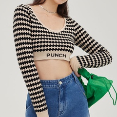 Lingge cropped navel short long-sleeved striped knitted sweater women's top