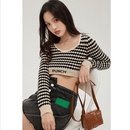 Lingge cropped navel short longsleeved striped knitted sweater womens toppicture7
