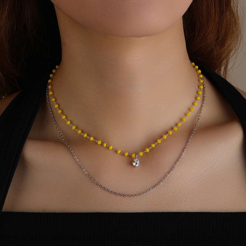 fashion yellow beads zircon pendent double chain necklace