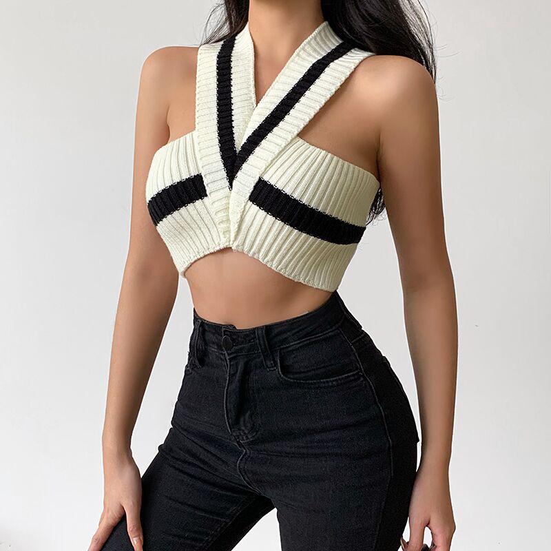 Fashion knitted vest striped sleeveless Vneck slim versatile halter top
