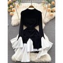 Fashion solid color splicing irregular retro slim thin knitted dresspicture7