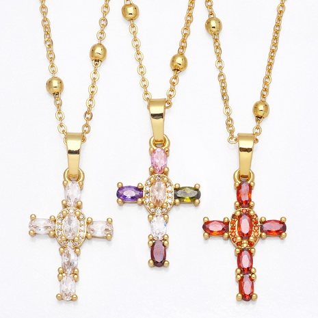 fashion cross shaped pendant micro-set colorful gem zircon necklace NHAS650321's discount tags