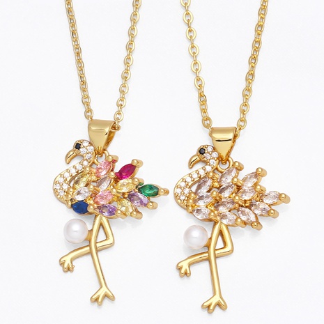 fashion color zircon bohemian flamingo copper necklace wholesale NHAS650331's discount tags