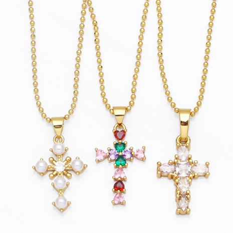 fashion pearl inlaid zircon cross shaped copper necklace wholesale NHAS650333's discount tags