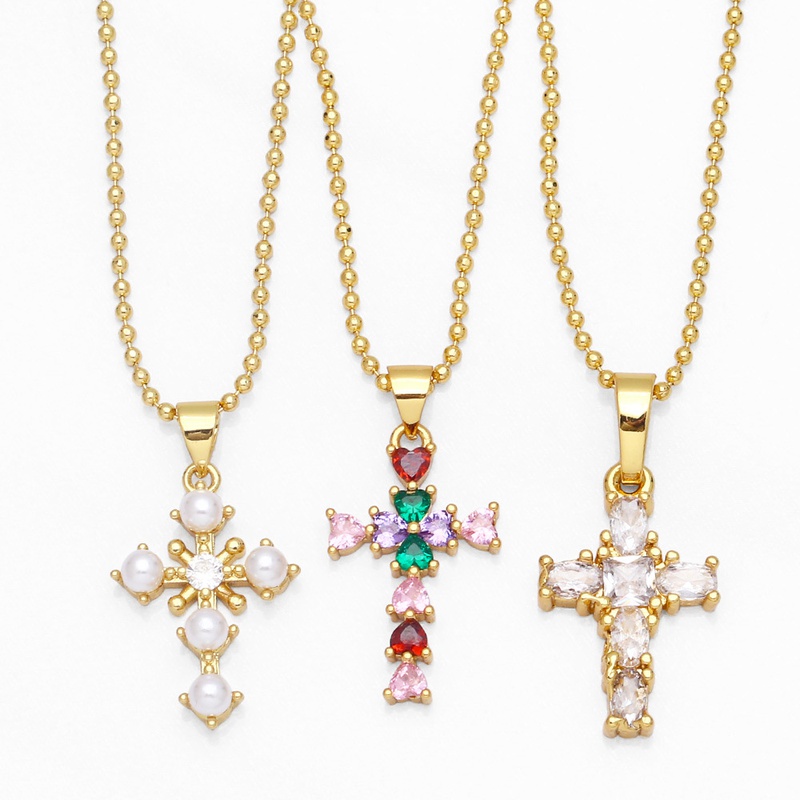 fashion pearl inlaid zircon cross shaped copper necklace wholesale