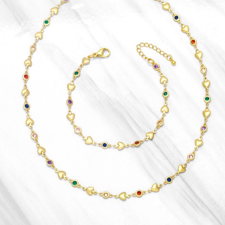 bohemian style colorful zircon heart chain copper necklace bracelet's discount tags