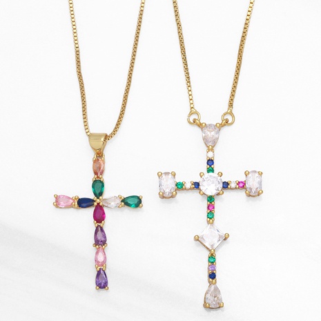 new jewelry inlaid colored zircon cross copper necklace wholesale NHAS650353's discount tags