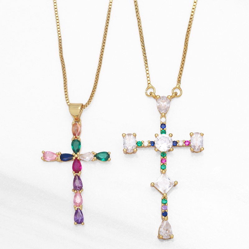 new jewelry inlaid colored zircon cross copper necklace wholesale