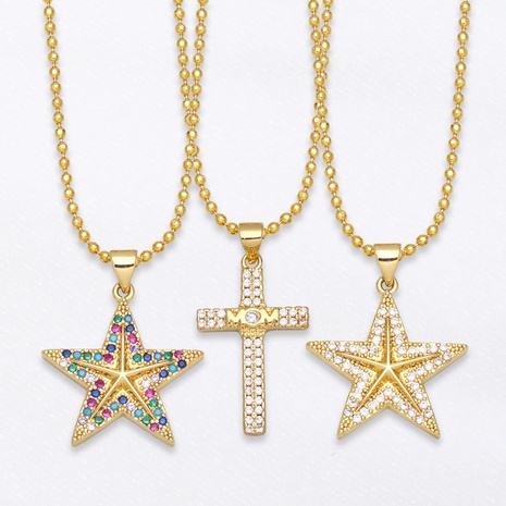fashion cross colored zircon five-pointed star retro copper clavicle chain NHAS650359's discount tags