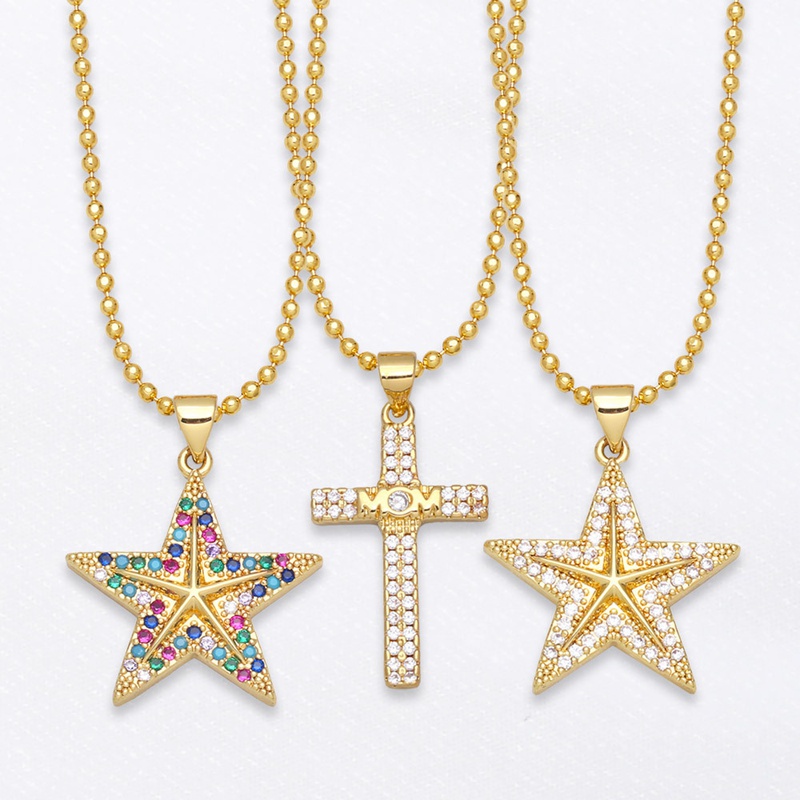 fashion cross colored zircon fivepointed star retro copper clavicle chain