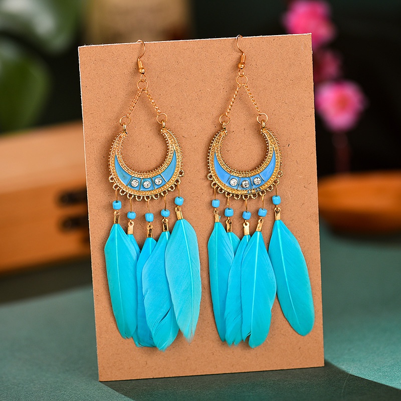 semicircle long feather female boho bead tassel alloy earrings jewelry wholesale