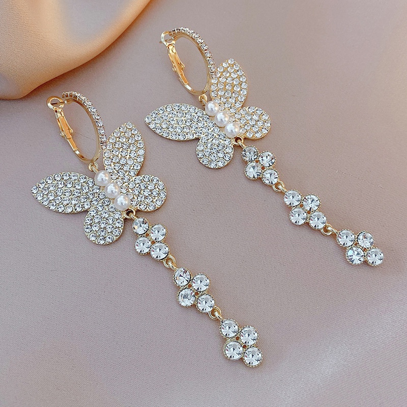 fashion rhinestone pearl butterfly earrings retro alloy earrings