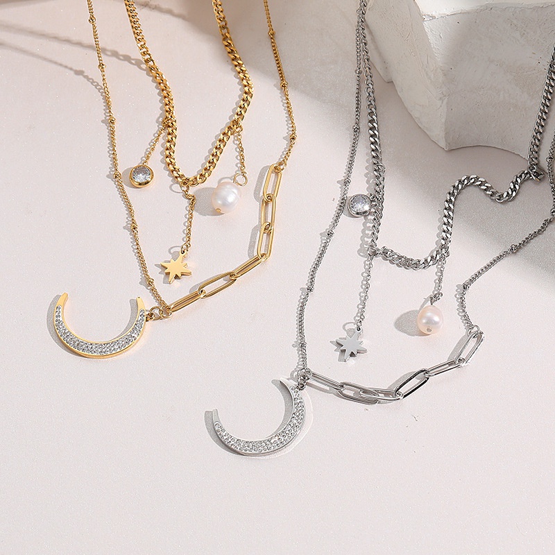 fashion zircon moon pendant double layered titanium steel necklace