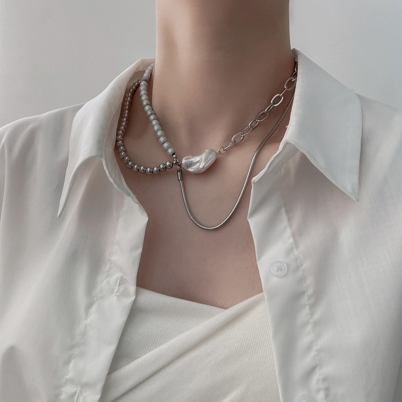 retro inlaid pearl chain irregular simple titanium steel collarbone chain