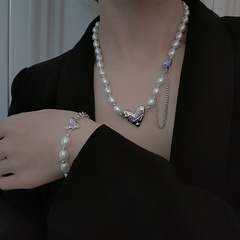 fashion pink pearl heart double-layer titanium steel clavicle chain bracelet wholesale