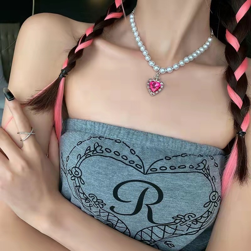 cute pearl chain pink diamond heart pendant titanium steel necklace wholesale