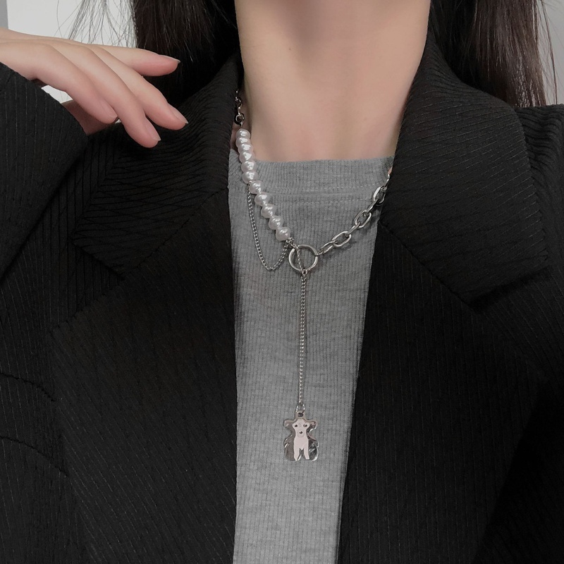 retro bear pearl hollow chain titanium steel necklace wholesale