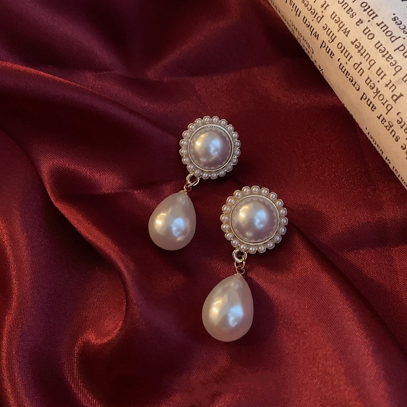 retro water drop pearl earrings simple flash diamond alloy earrings