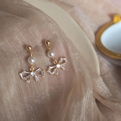 fashion bows rhinestone earring simple pearl alloy drop earrings